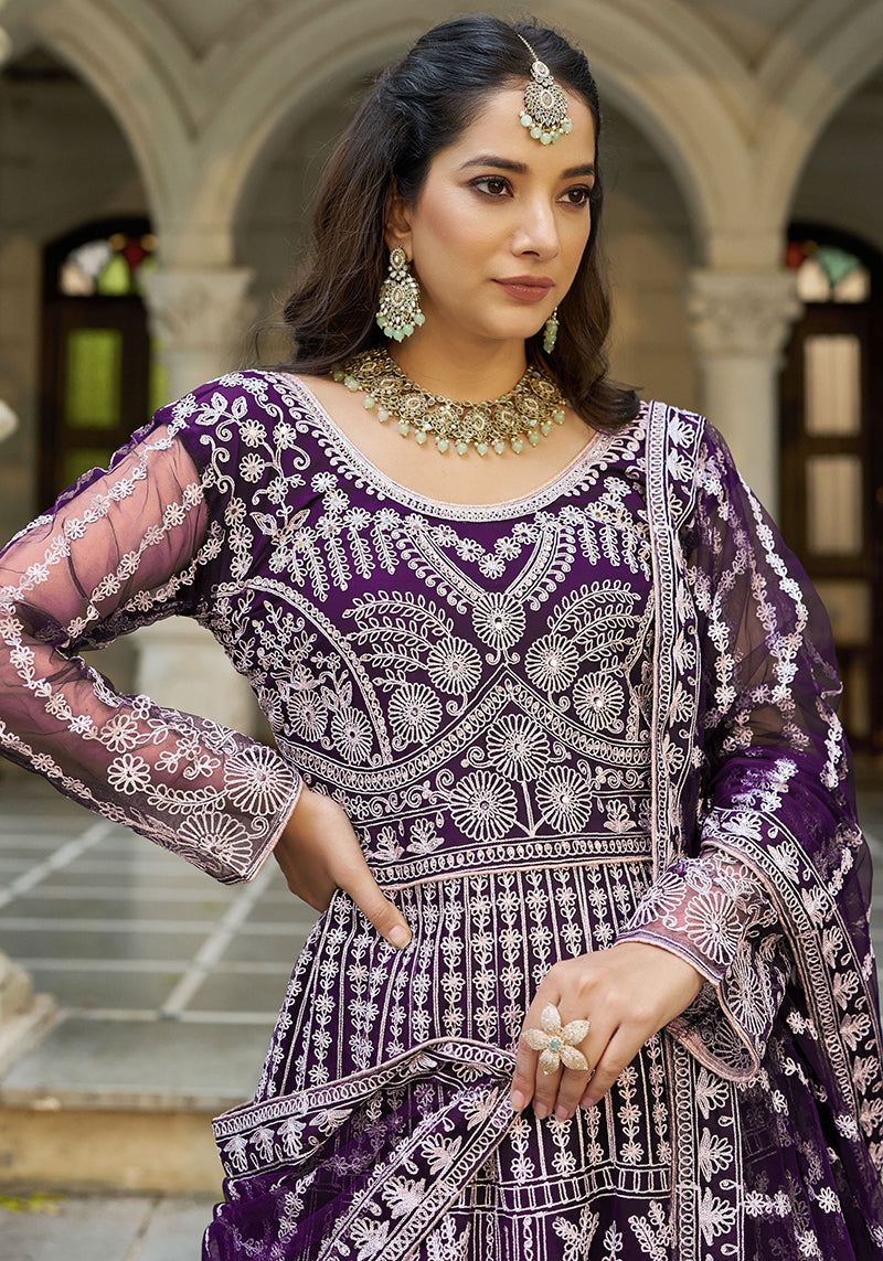 Monjolika Fashion Purple Embroidered Net Gown with Dupatta