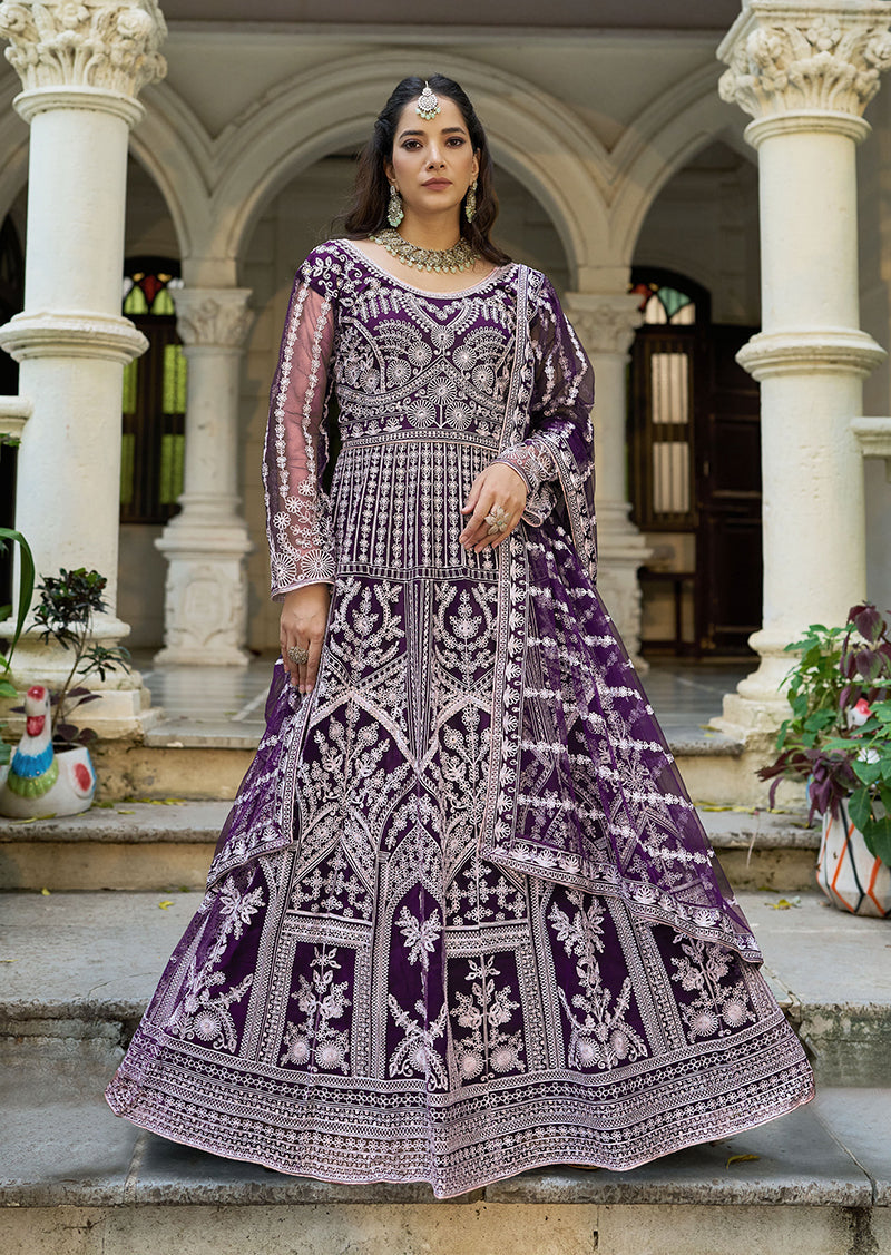 Monjolika Fashion Purple Embroidered Net Gown with Dupatta