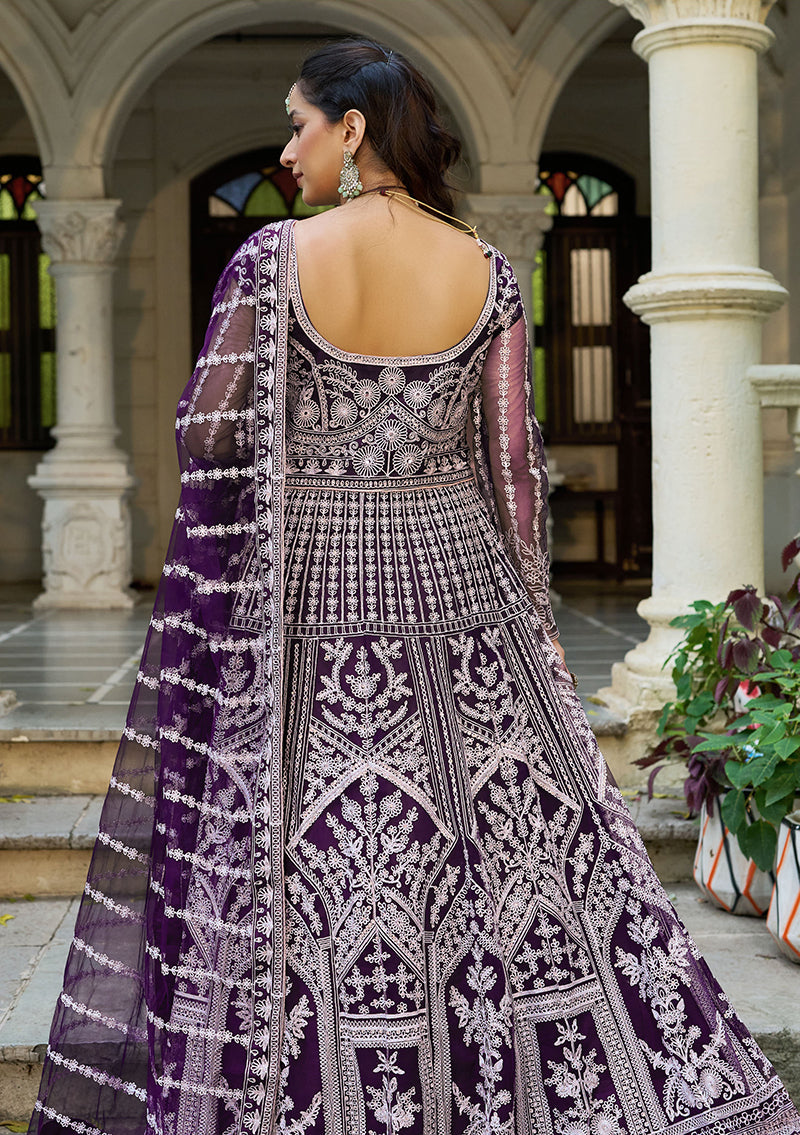 Monjolika Fashion Purple Embroidered Net Gown with Dupatta