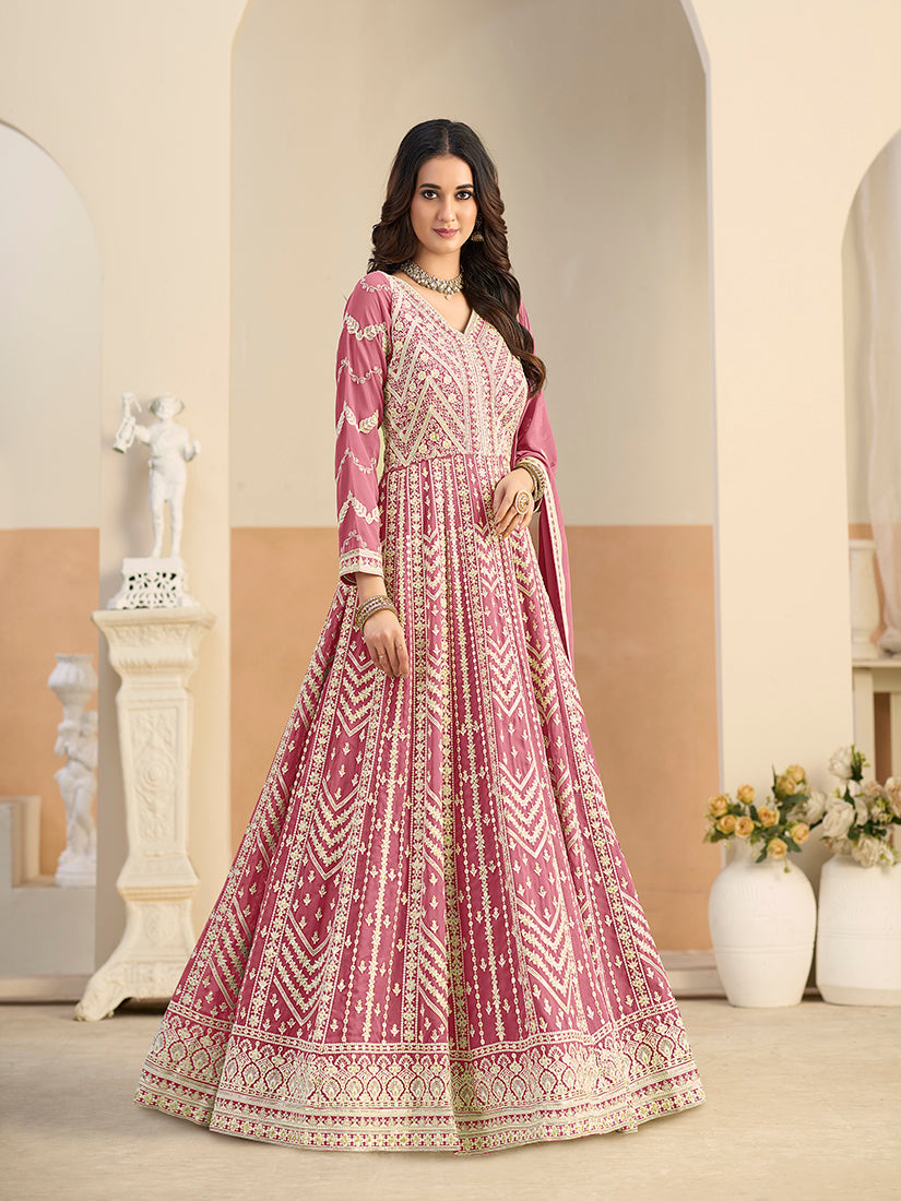 Monjolika Fashion Faux Georgette Embroidered Pink Anarkali Salwar Kameez