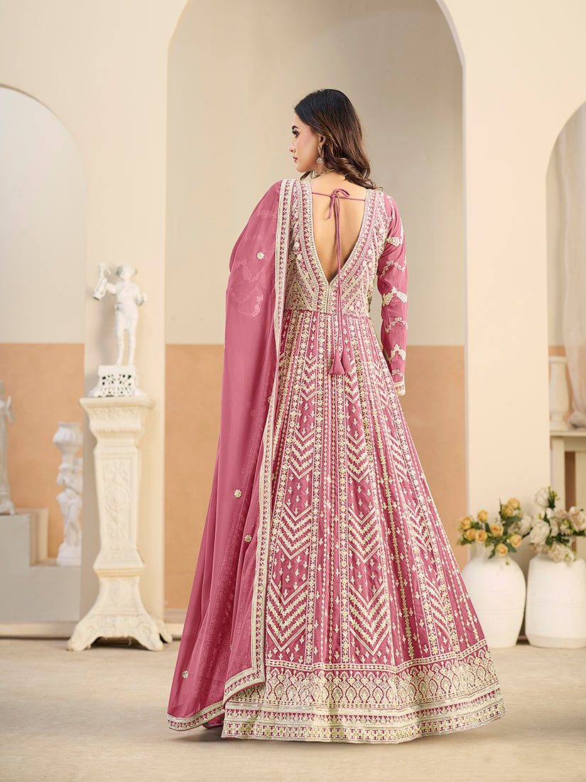 Monjolika Fashion Faux Georgette Embroidered Pink Anarkali Salwar Kameez