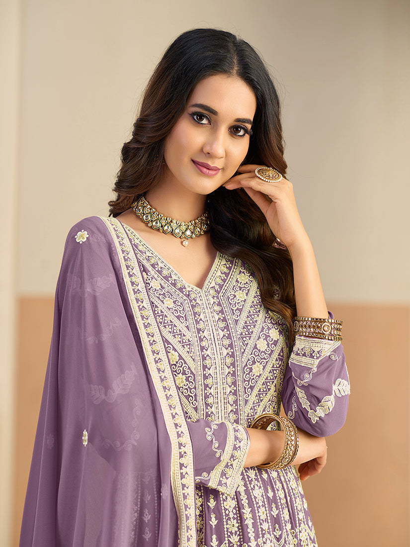 Monjolika Fashion Faux Georgette Embroidered Light Purple Anarkali Salwar Kameez