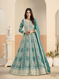 Monjolika Fashion Faux Georgette Embroidered Turquoise Anarkali Salwar Kameez