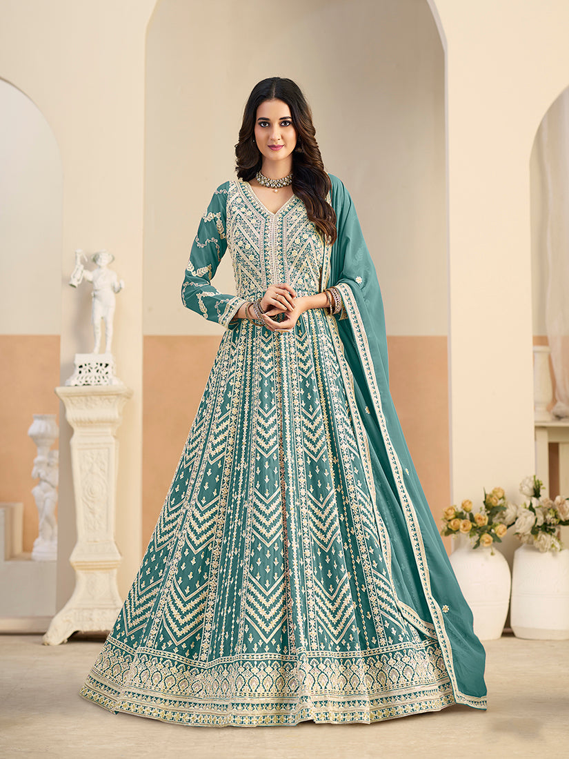 Monjolika Fashion Faux Georgette Embroidered Turquoise Anarkali Salwar Kameez