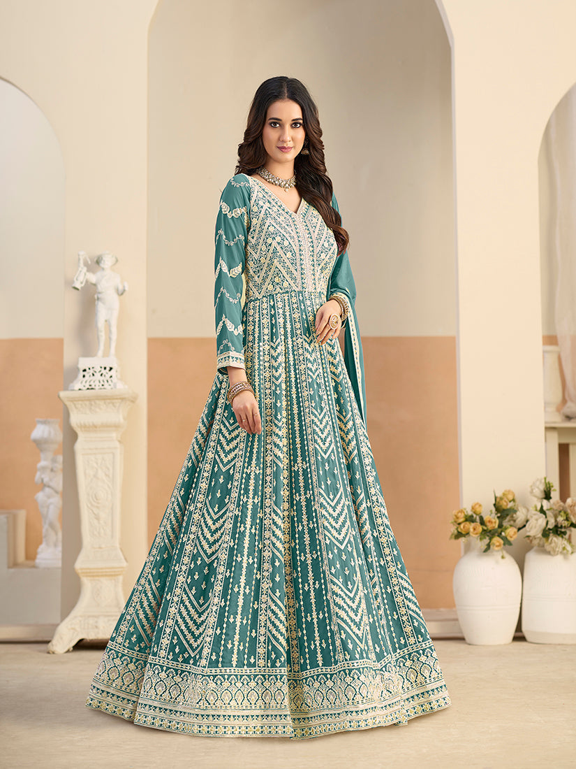 Monjolika Fashion Faux Georgette Embroidered Turquoise Anarkali Salwar Kameez