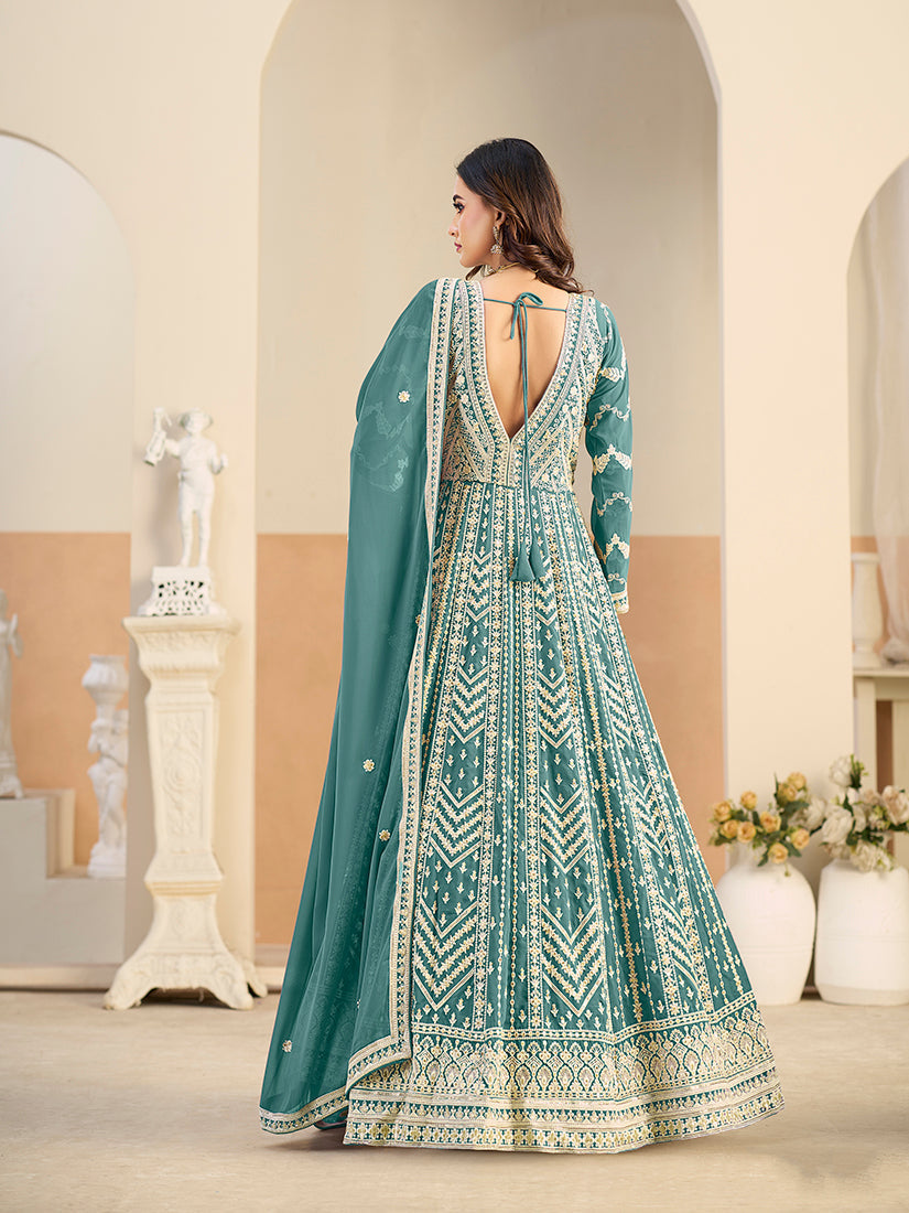 Monjolika Fashion Faux Georgette Embroidered Turquoise Anarkali Salwar Kameez