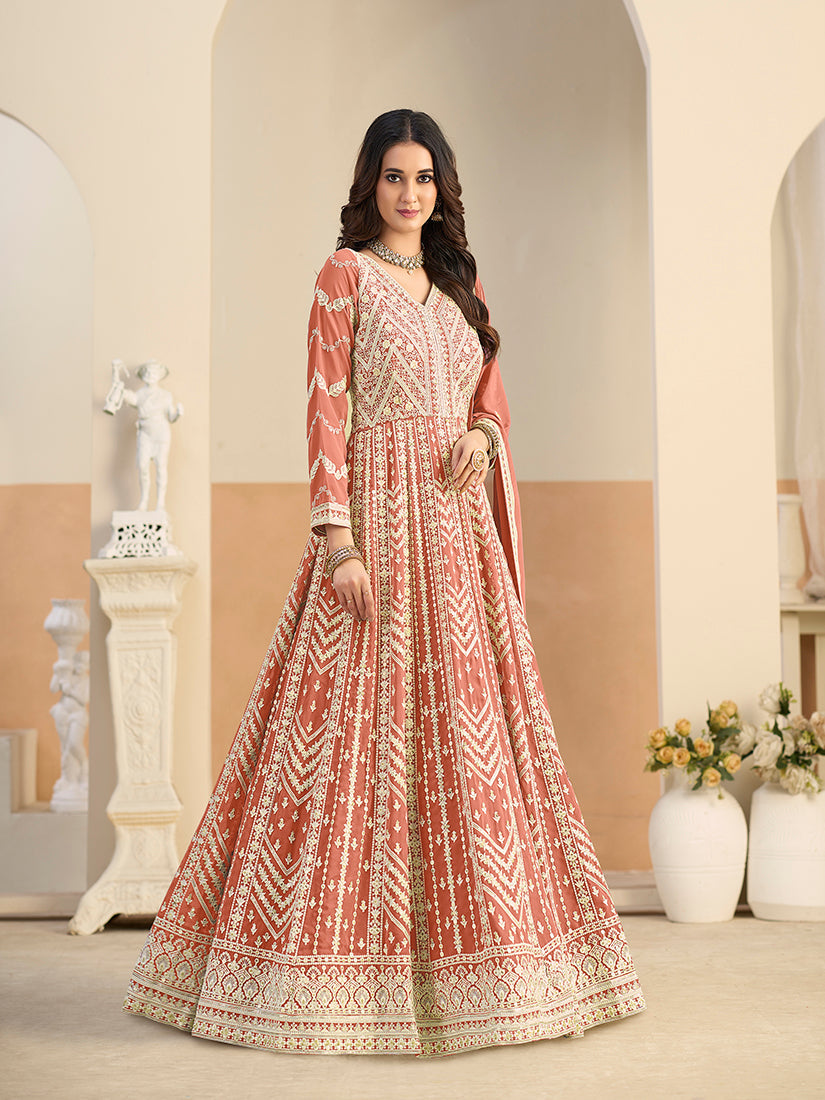 Monjolika Fashion Faux Georgette Embroidered Peach Anarkali Salwar Kameez