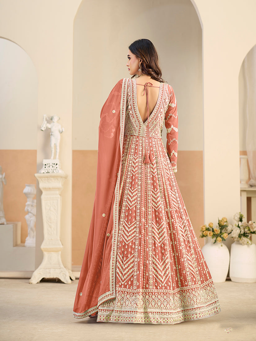 Monjolika Fashion Faux Georgette Embroidered Peach Anarkali Salwar Kameez