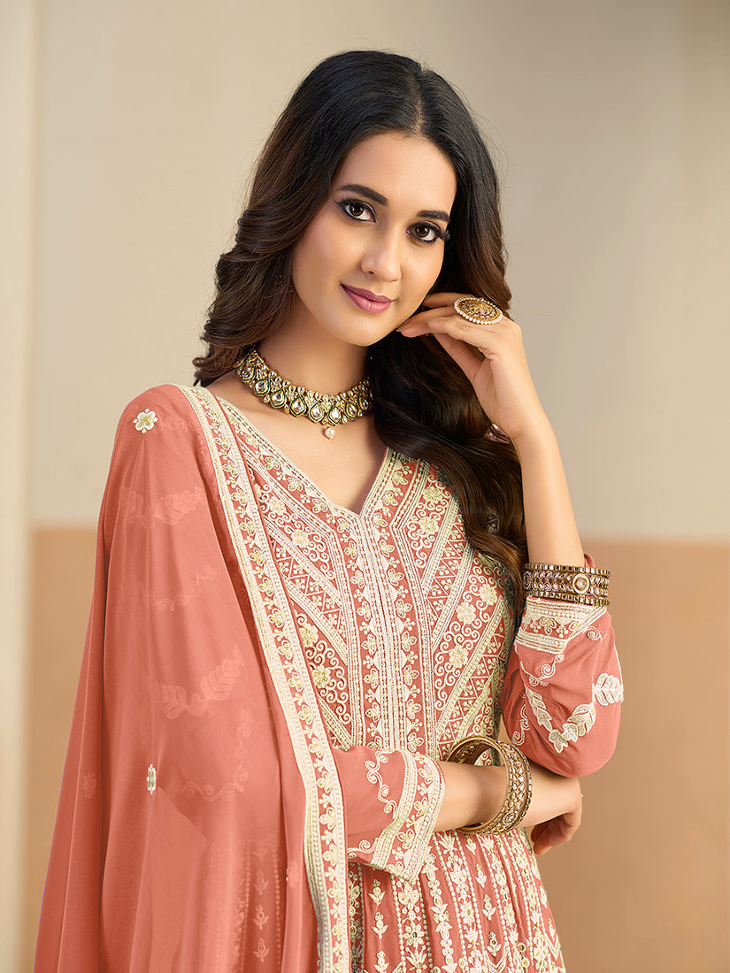 Monjolika Fashion Faux Georgette Embroidered Peach Anarkali Salwar Kameez