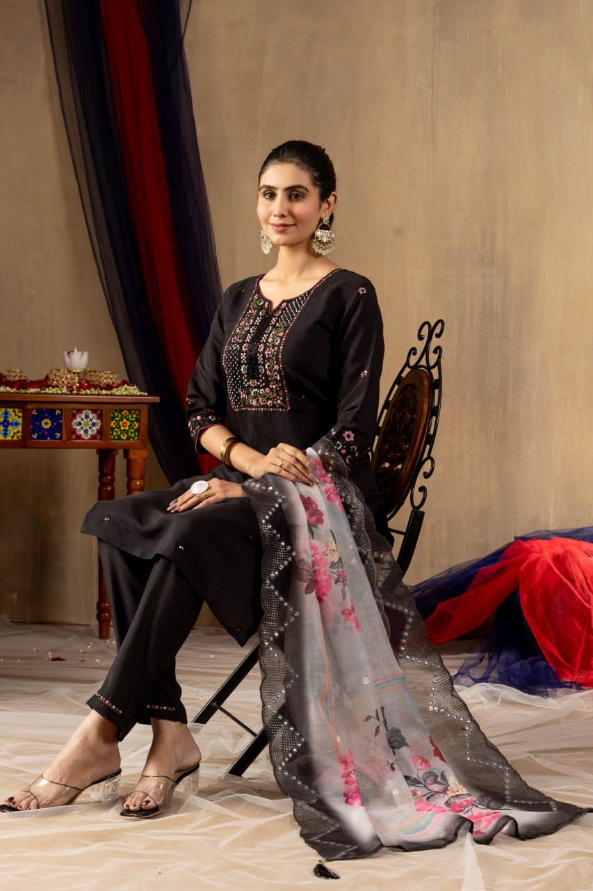 Pramukh Fab Black Color Roman Silk Kurta Set