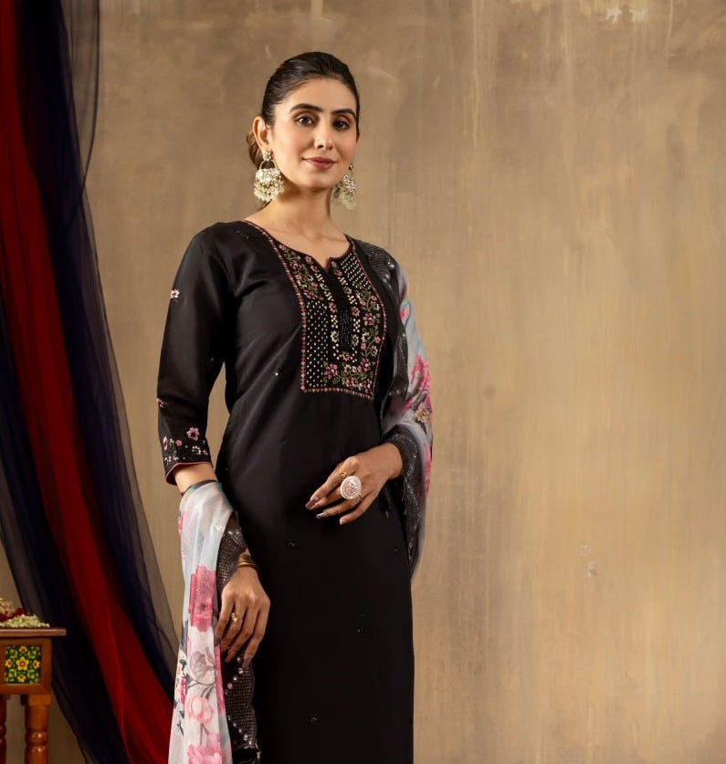 Pramukh Fab Black Color Roman Silk Kurta Set