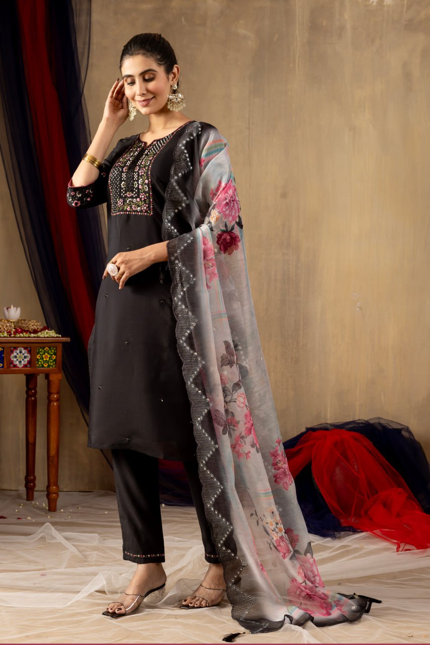 Pramukh Fab Black Color Roman Silk Kurta Set