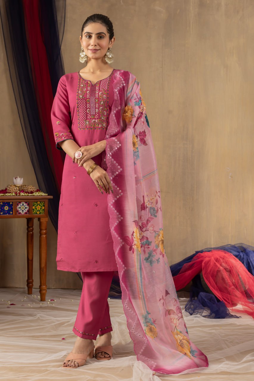 Pramukh Fab Pink Color Roman Silk Kurta Set