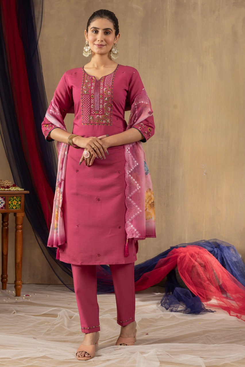 Pramukh Fab Pink Color Roman Silk Kurta Set
