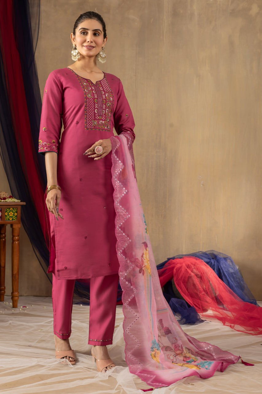 Pramukh Fab Pink Color Roman Silk Kurta Set