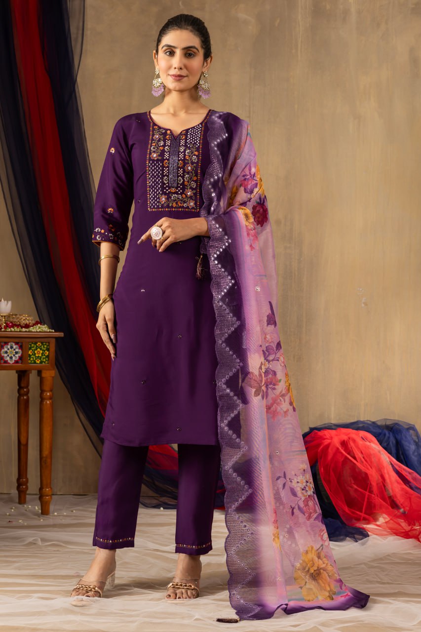 Pramukh Fab Purple Color Roman Silk Kurta Set
