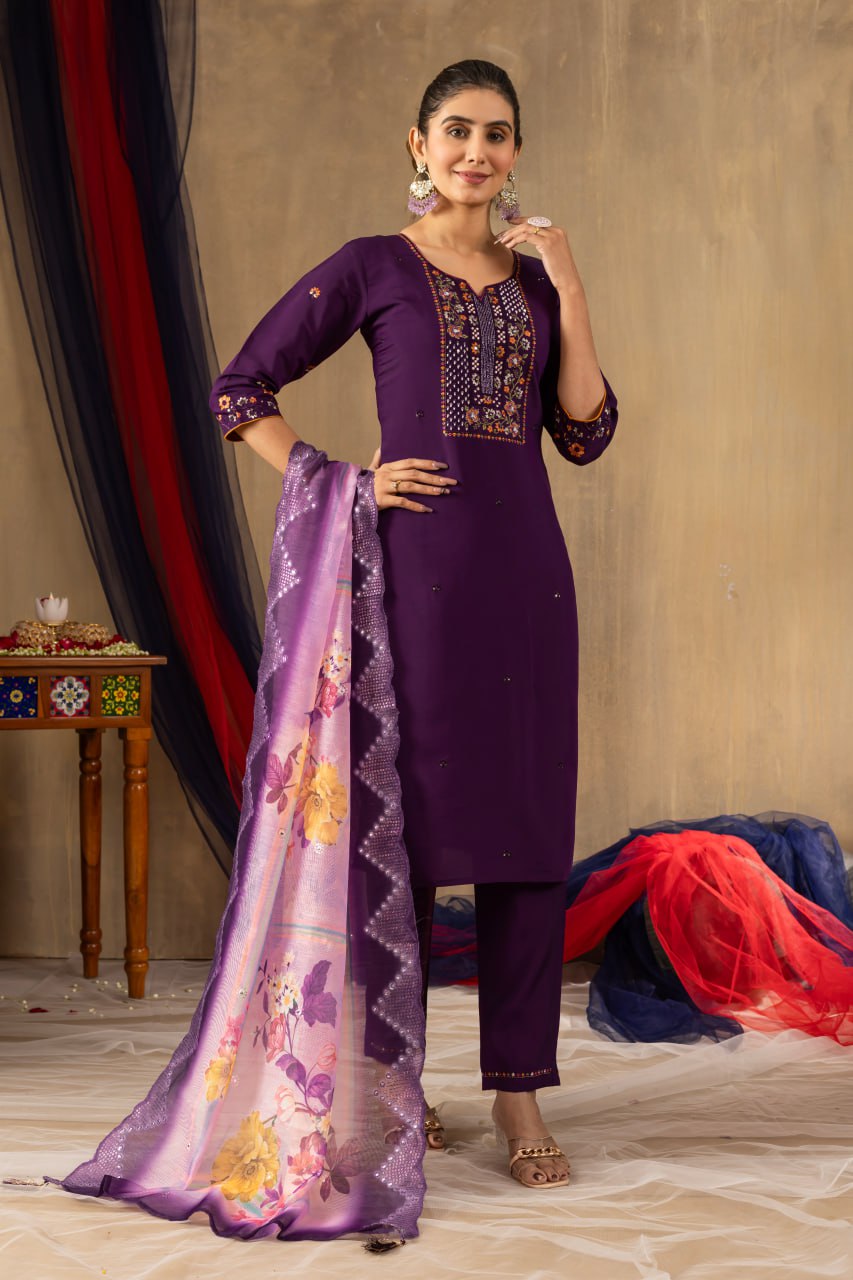 Pramukh Fab Purple Color Roman Silk Kurta Set