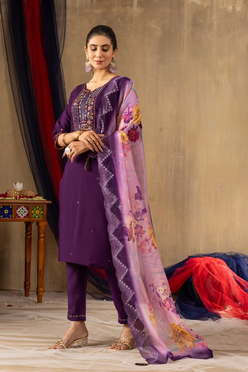 Pramukh Fab Purple Color Roman Silk Kurta Set