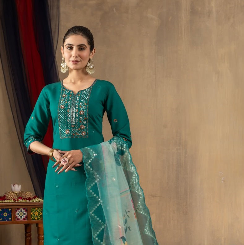 Pramukh Fab Sea Green Color Roman Silk Kurta Set