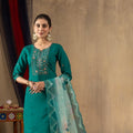 Pramukh Fab Sea Green Color Roman Silk Kurta Set