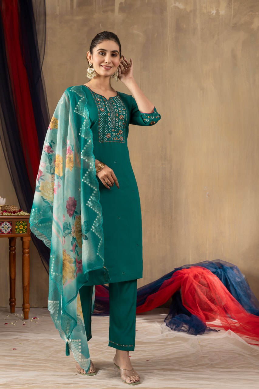 Pramukh Fab Sea Green Color Roman Silk Kurta Set