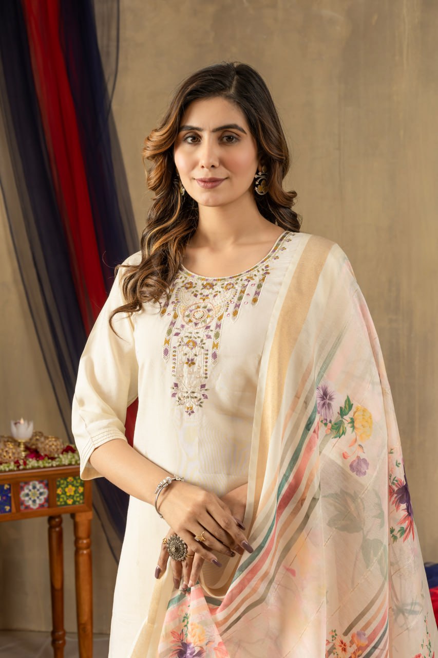 Pramukh Fab Off White Shimmer Gold Silk Color Kurta Set