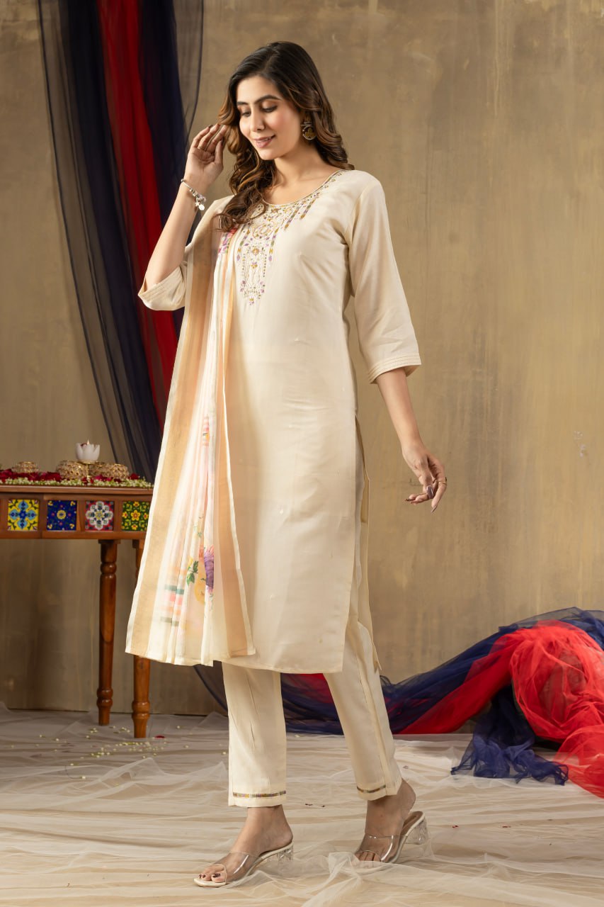Pramukh Fab Off White Shimmer Gold Silk Color Kurta Set