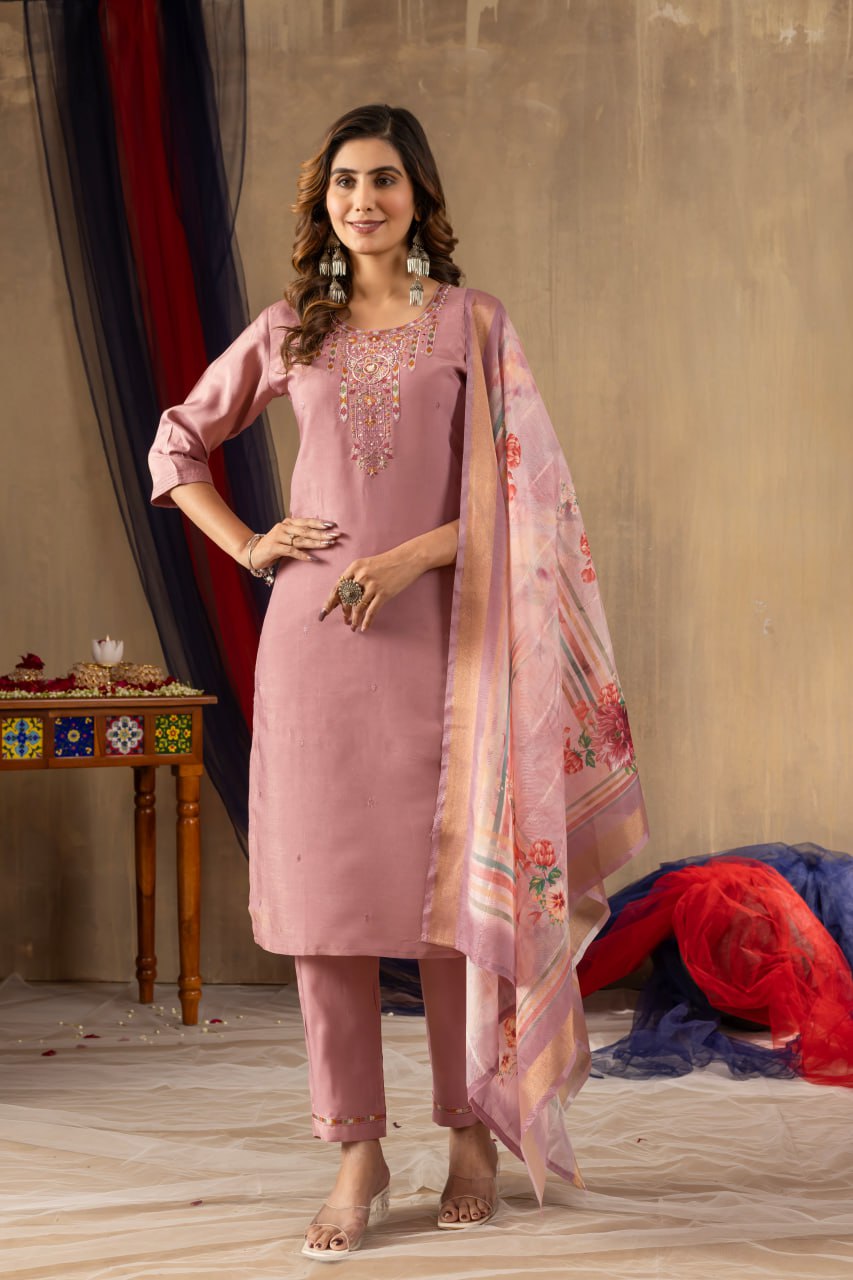 Pramukh Fab Onion Pink Shimmer Gold Silk Color Kurta Set