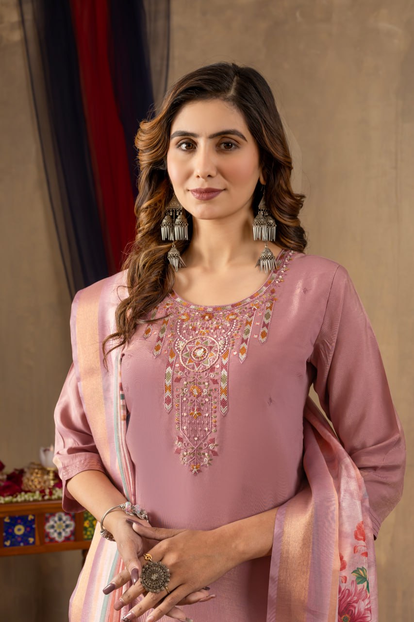 Pramukh Fab Onion Pink Shimmer Gold Silk Color Kurta Set