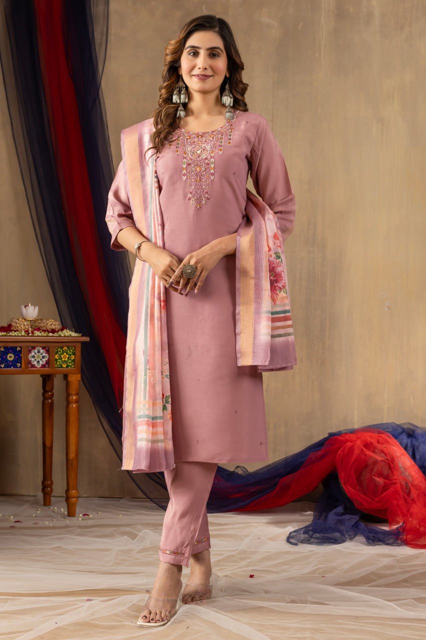 Pramukh Fab Onion Pink Shimmer Gold Silk Color Kurta Set