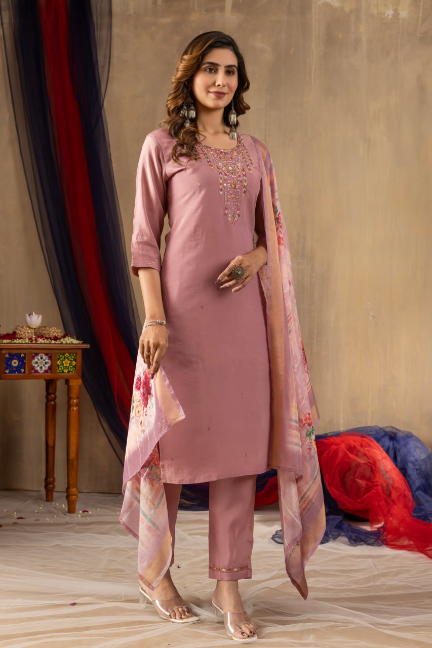 Pramukh Fab Onion Pink Shimmer Gold Silk Color Kurta Set