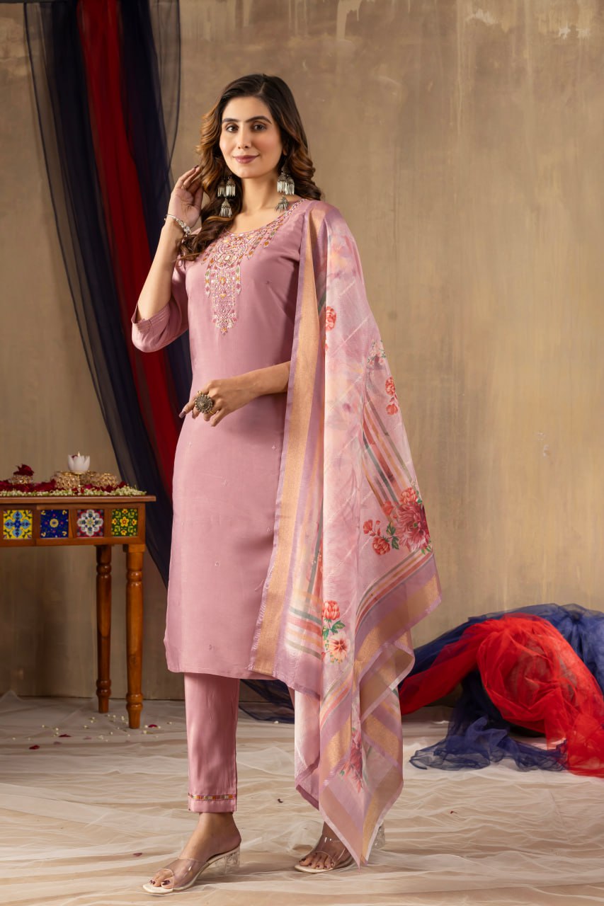 Pramukh Fab Onion Pink Shimmer Gold Silk Color Kurta Set