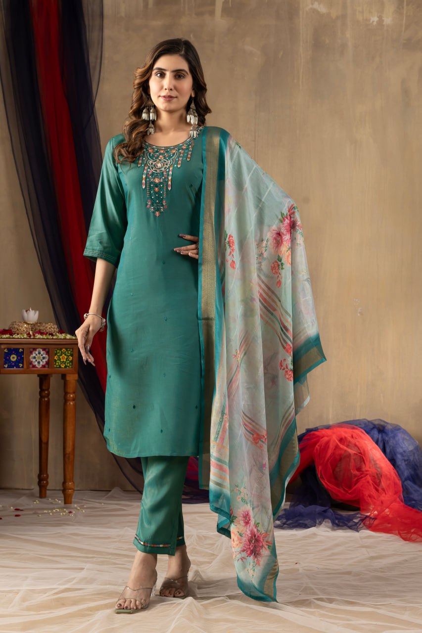 Pramukh Fab Teal Green Shimmer Gold Silk Color Kurta Set