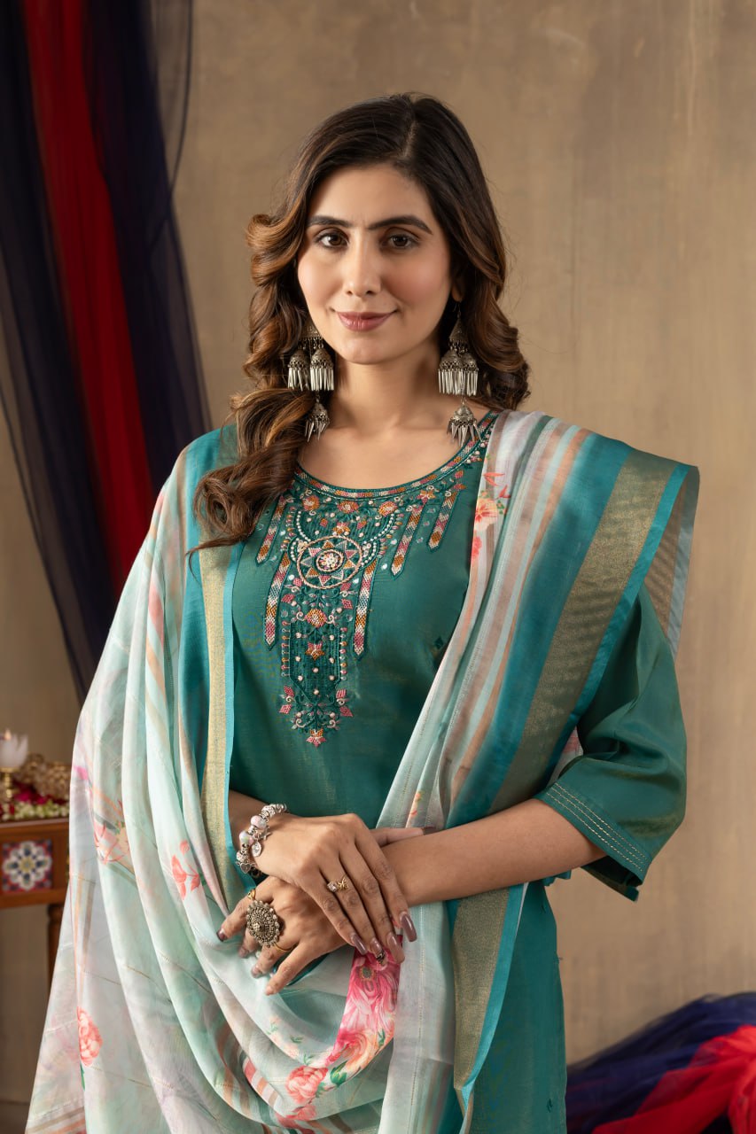 Pramukh Fab Teal Green Shimmer Gold Silk Color Kurta Set