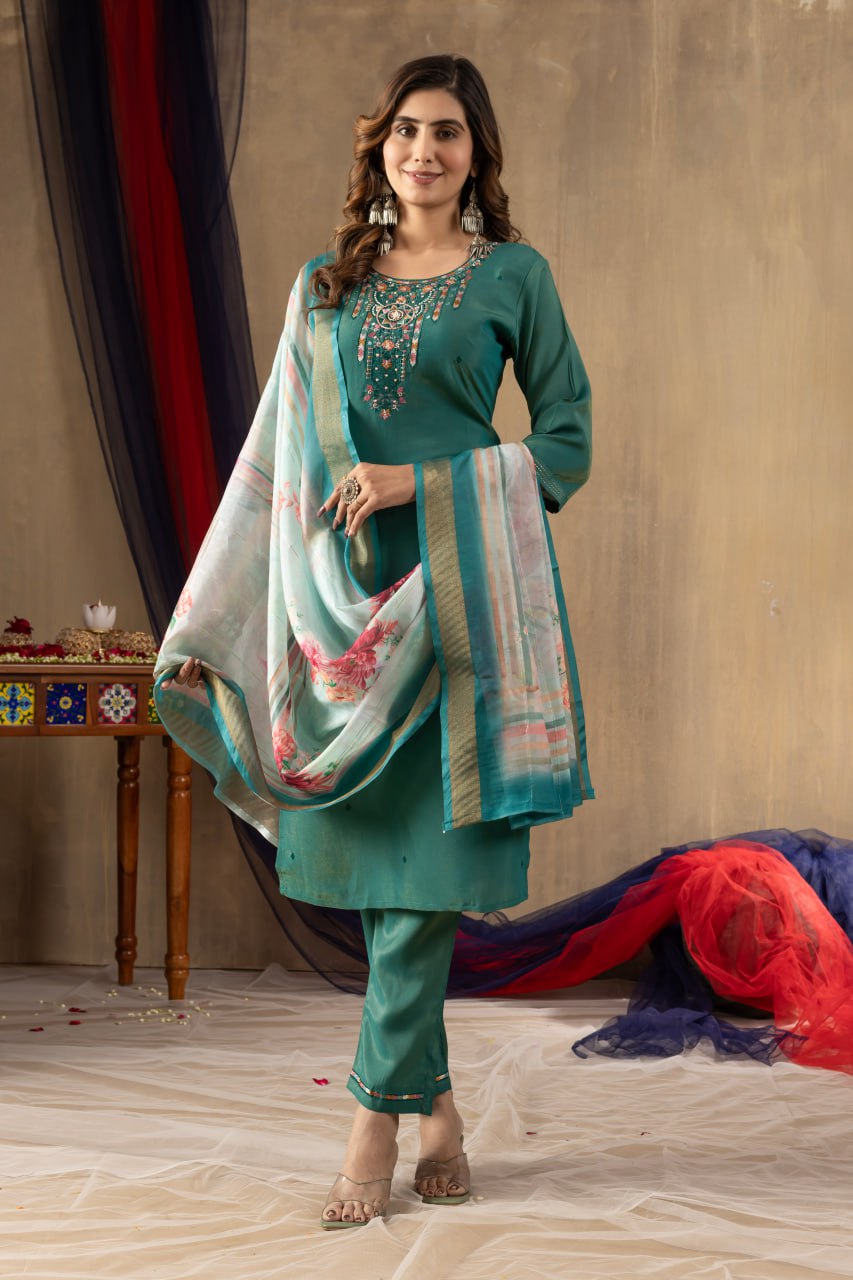Pramukh Fab Teal Green Shimmer Gold Silk Color Kurta Set