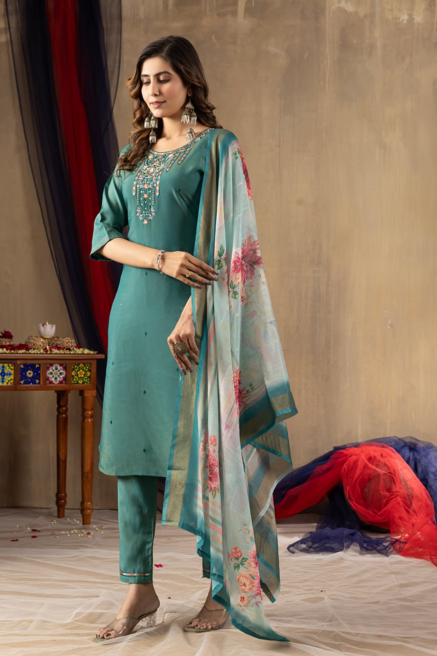 Pramukh Fab Teal Green Shimmer Gold Silk Color Kurta Set
