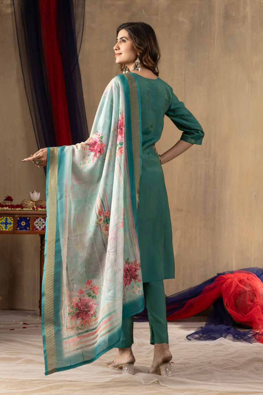 Pramukh Fab Teal Green Shimmer Gold Silk Color Kurta Set