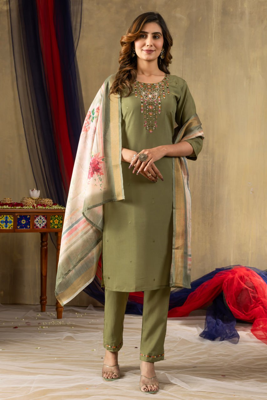 Pramukh Fab Mehendi Green Shimmer Gold Silk Color Kurta Set