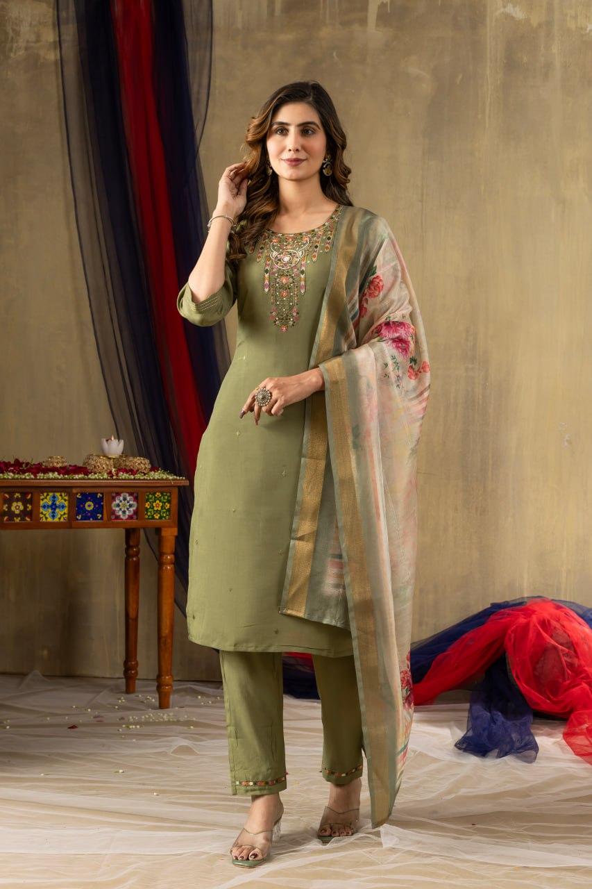 Pramukh Fab Mehendi Green Shimmer Gold Silk Color Kurta Set