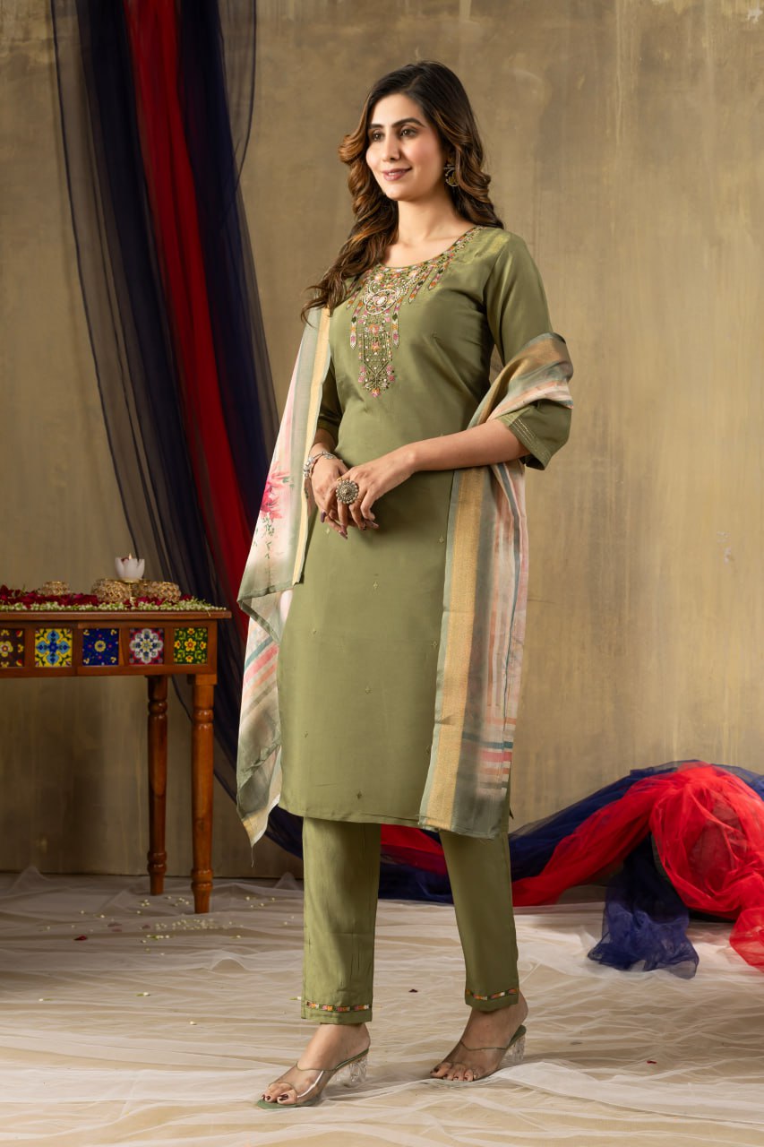 Pramukh Fab Mehendi Green Shimmer Gold Silk Color Kurta Set