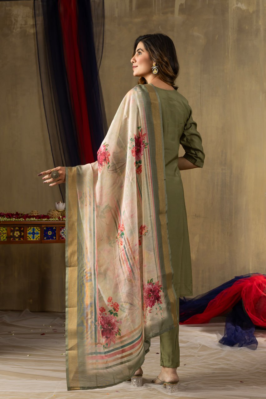 Pramukh Fab Mehendi Green Shimmer Gold Silk Color Kurta Set