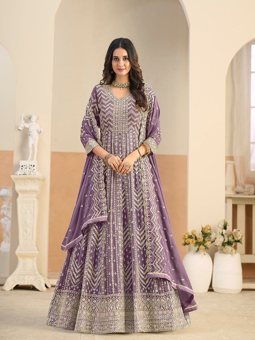 Monjolika Fashion Faux Georgette Lavender Embroidered Anarkali Salwar Kameez