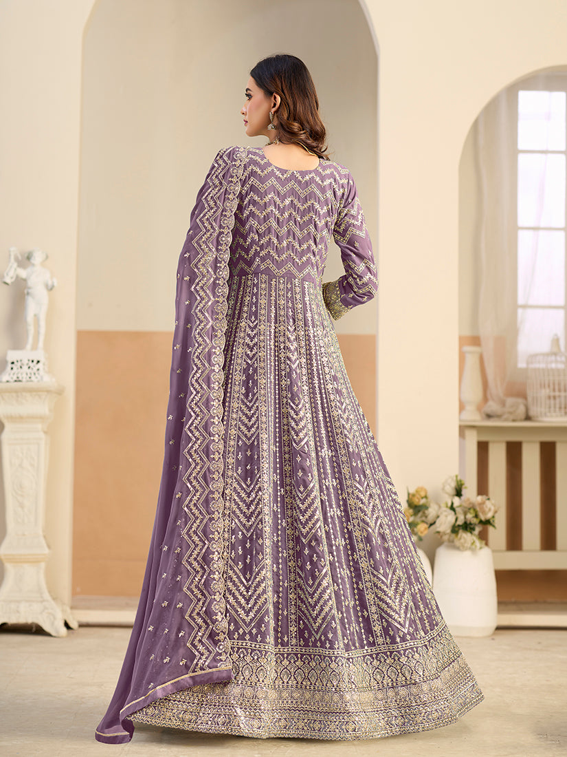 Monjolika Fashion Faux Georgette Lavender Embroidered Anarkali Salwar Kameez