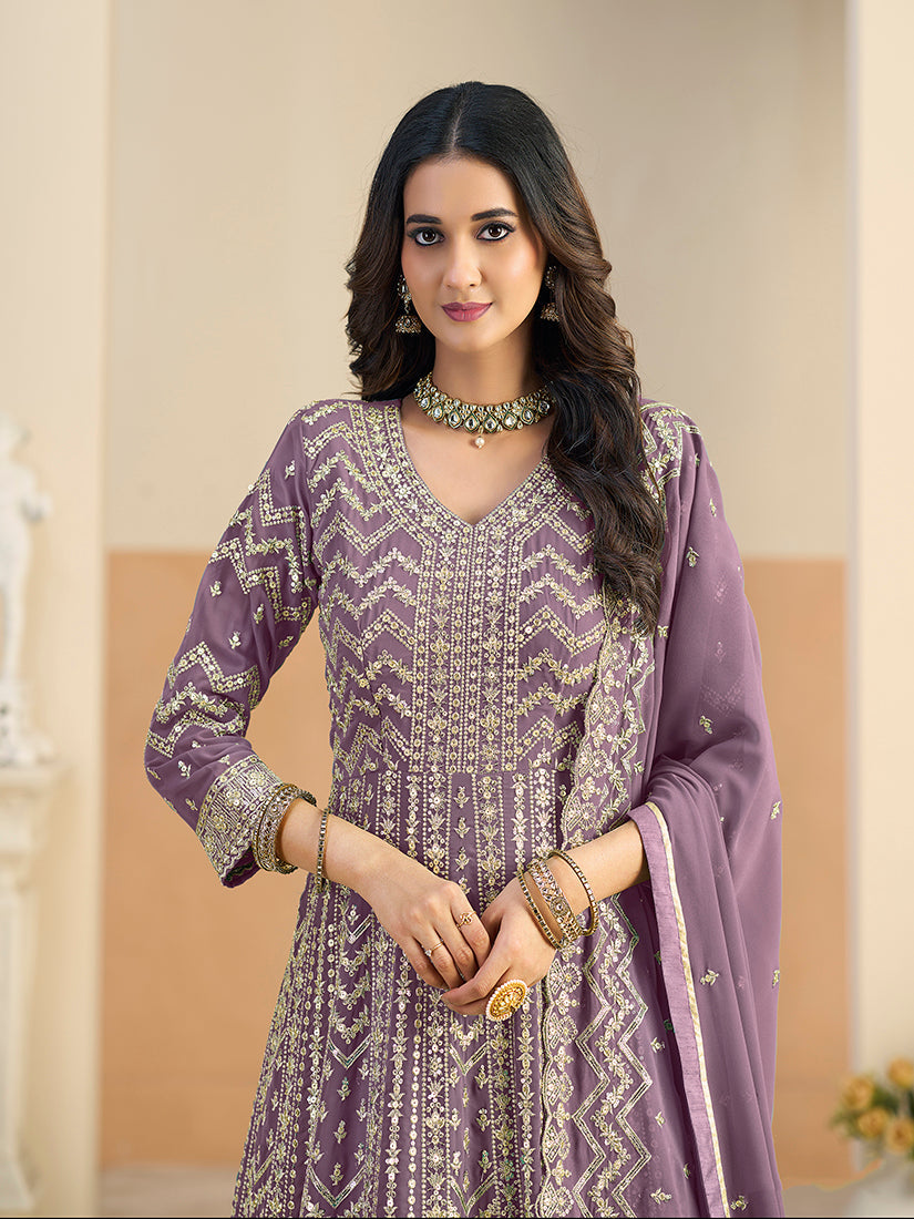 Monjolika Fashion Faux Georgette Lavender Embroidered Anarkali Salwar Kameez