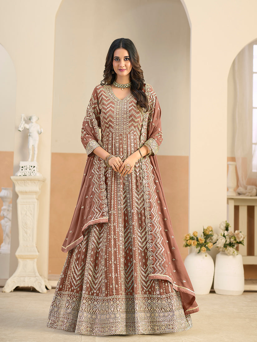 Monjolika Fashion Faux Georgette Brown Embroidered Anarkali Salwar Kameez
