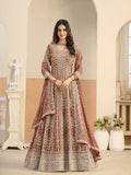 Monjolika Fashion Faux Georgette Brown Embroidered Anarkali Salwar Kameez