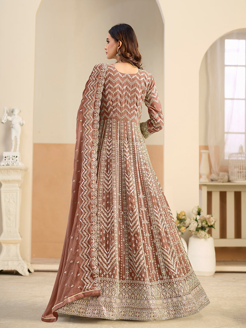 Monjolika Fashion Faux Georgette Brown Embroidered Anarkali Salwar Kameez
