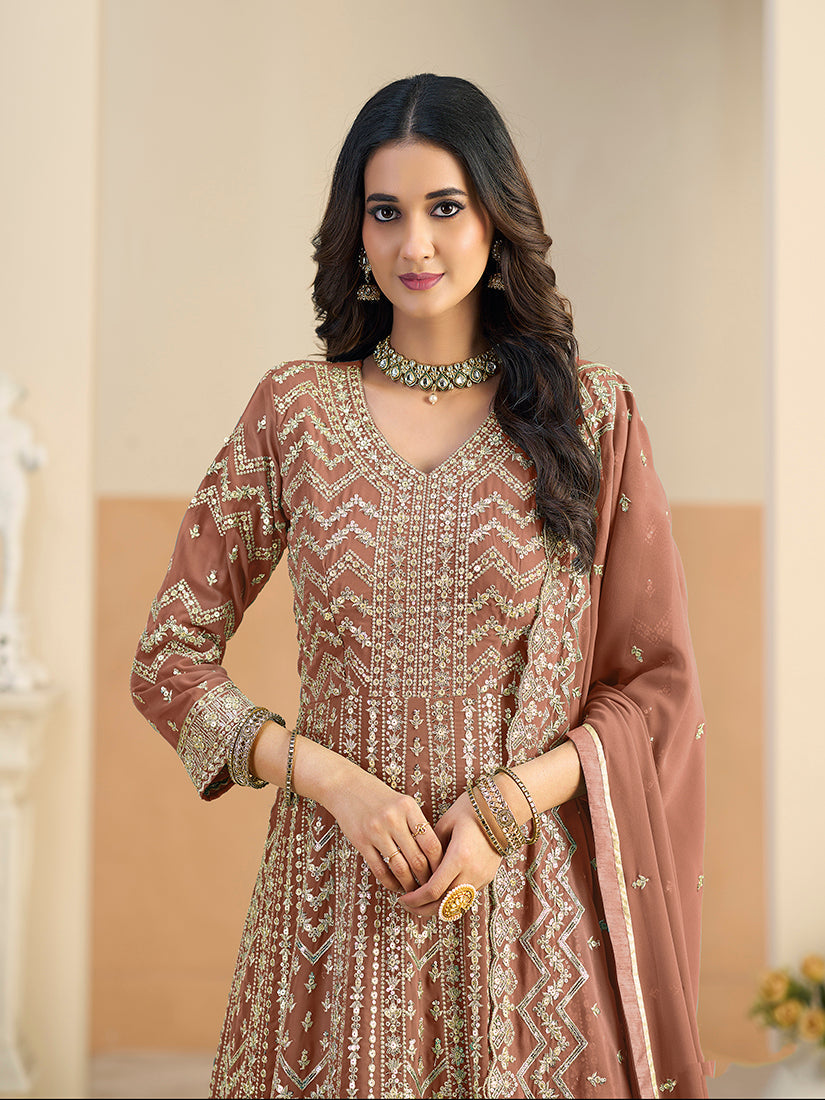 Monjolika Fashion Faux Georgette Brown Embroidered Anarkali Salwar Kameez