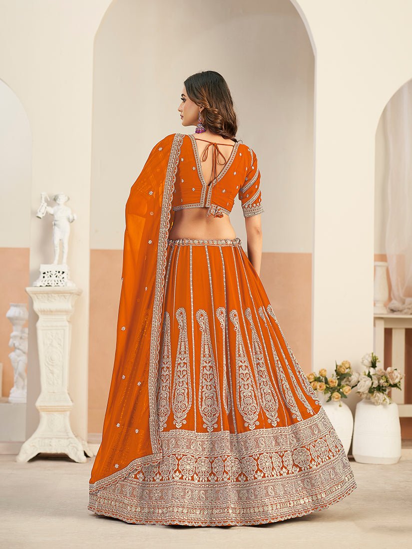 Monjolika Fashion Orange Faux Georgette Embroidered Lehenga Choli
