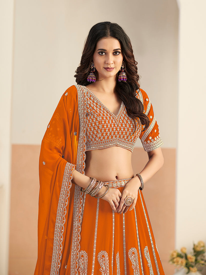 Monjolika Fashion Orange Faux Georgette Embroidered Lehenga Choli